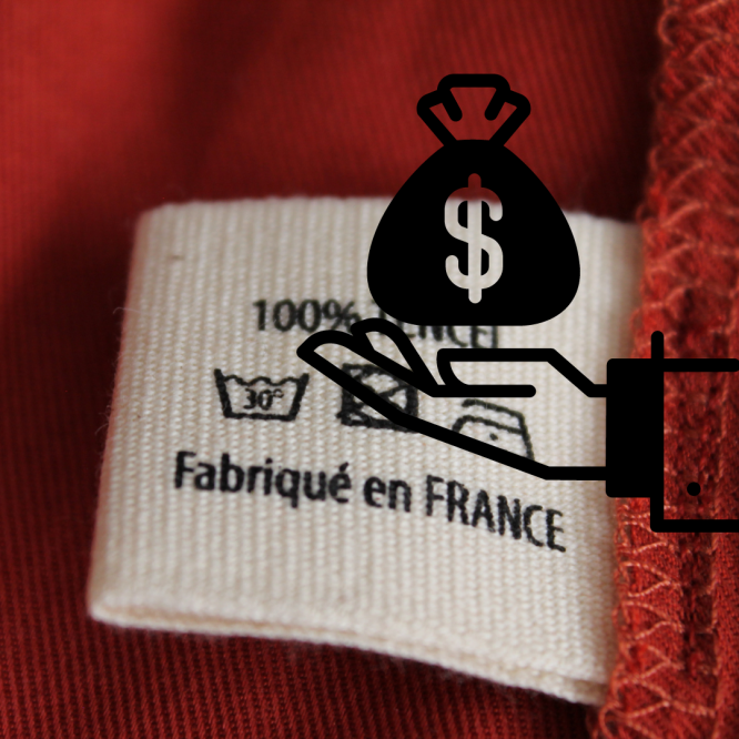 Etiquette de vêtement "fabriqué en France" avec une mains qui tient un sac d'argent pour montrer que c'est cher