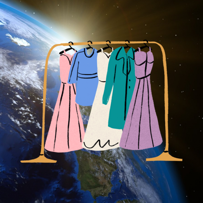 Photo de la terre avec un portant à vêtements dessiné représentant la consommation mais respectueuse